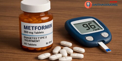 Thuốc Metformin, kiểm tra đường huyết, điều trị tiểu đường type 2, hình ảnh thuốc và máy đo đường huyết.