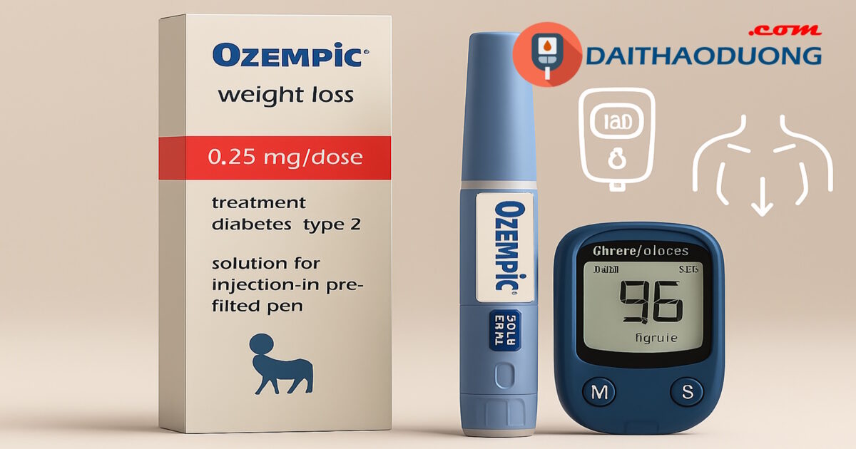Hình ảnh thiết bị chăm sóc bệnh tiểu đường, gồm máy đo đường huyết và thuốc trị tiểu đường Ozempic, với logo daithaoduong.com - Bs Ngô Thế Phi, bữa ăn và hướng dẫn kiểm tra đường huyết.