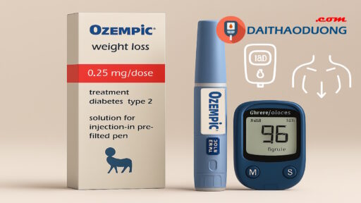 Hình ảnh thiết bị chăm sóc bệnh tiểu đường, gồm máy đo đường huyết và thuốc trị tiểu đường Ozempic, với logo daithaoduong.com - Bs Ngô Thế Phi, bữa ăn và hướng dẫn kiểm tra đường huyết.