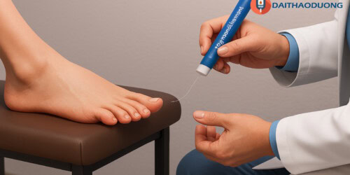 Khám bàn chân bằng monofilament cho bệnh nhân tại phòng khám Bác sĩ Ngô Thế Phi, website daithaoduong.com.