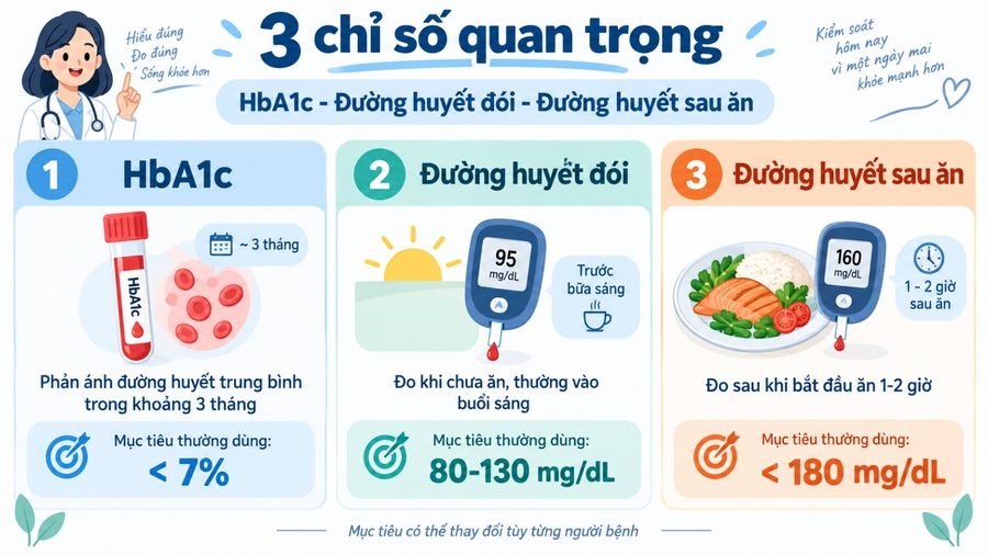 Ba chỉ số quan trọng: HbA1c, đường huyết đói và đường huyết sau ăn