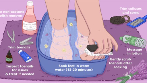 Chăm sóc móng chân với ngâm nước ấm và kem dưỡng.