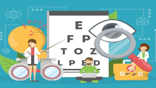 Kiểm tra thị lực, bác sĩ và thiết bị y tế