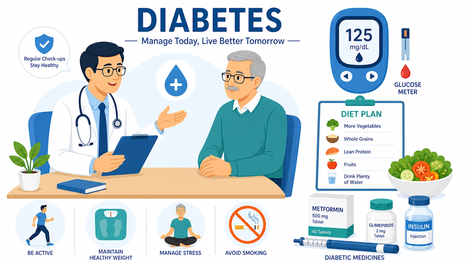 Bác sĩ đang tư vấn cho bệnh nhân về bệnh đái tháo đường, tập thể dụcm chế độ ăn, thuốc , insulin, đo đường huyết