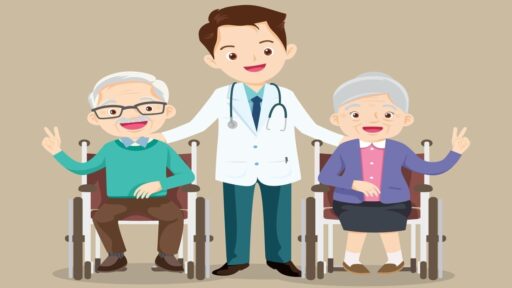 Bác sĩ và người cao tuổi trên xe lăn