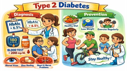 Diabetes type 2 diagnosis and prevention infographic