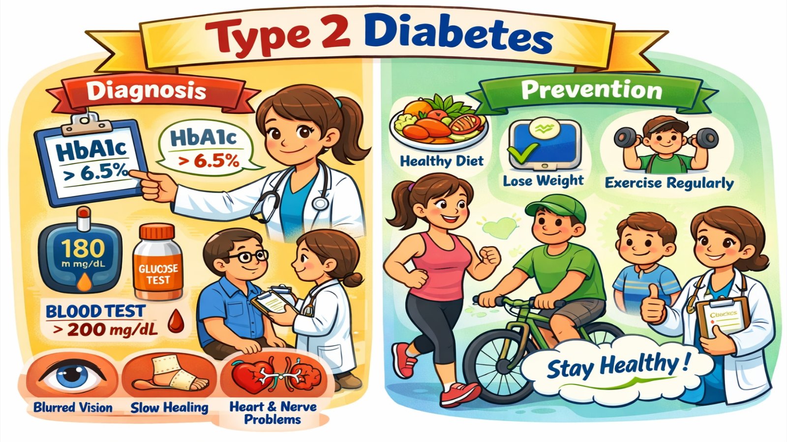 Diabetes type 2 diagnosis and prevention infographic.
