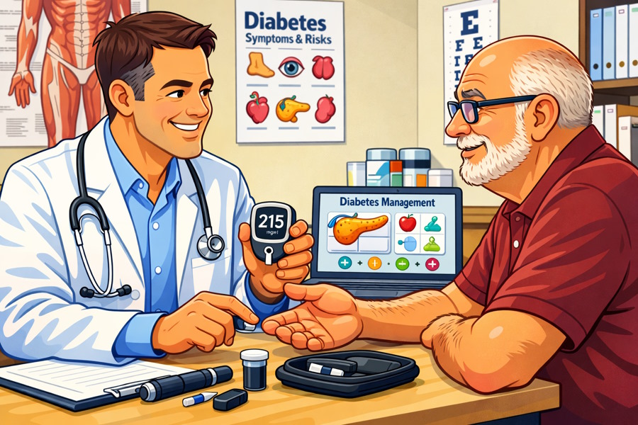 Bác sĩ đang hướng dẫn bệnh nhân tiểu đường