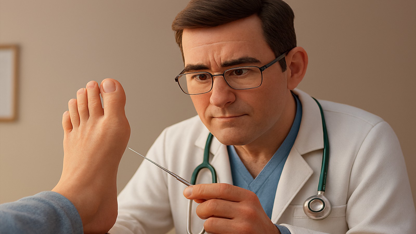 Bác sĩ đang khám bàn chân bệnh nhân tiểu đường bằng Monofilament