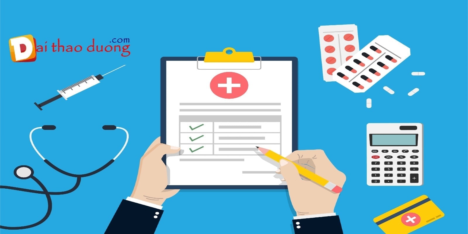 Hình ảnh công cụ y tế và bảng kiểm tra sức khỏe.