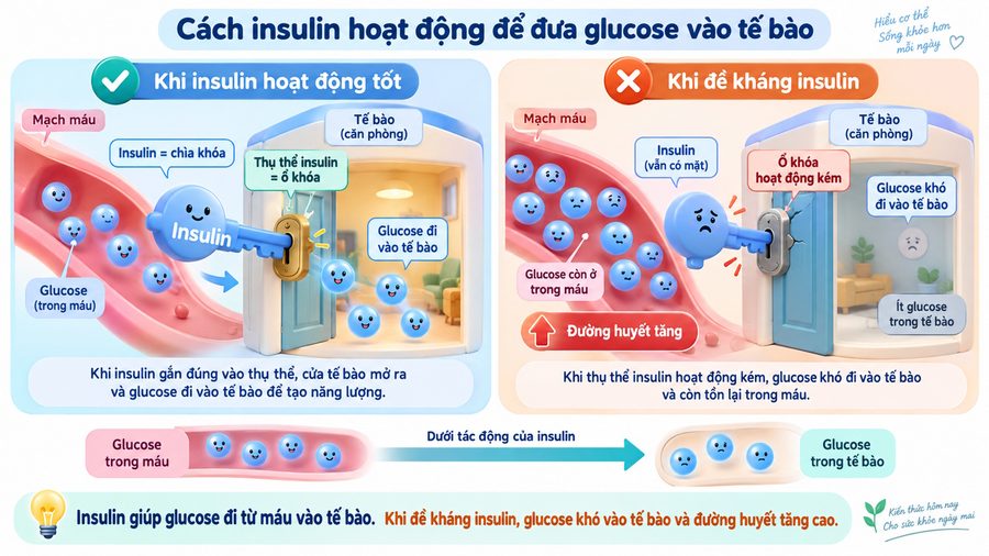 Cách insulin hoạt động để đưa đường vào tế bào.