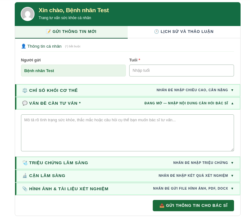 Hướng dẫn gửi thông tin sức khỏe để tư vấn