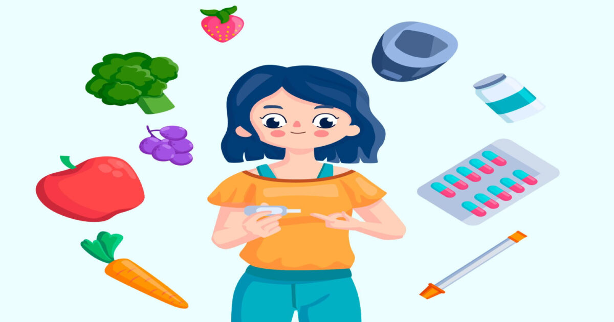 Cô gái đo đường huyết giữa các thực phẩm và thuốc.