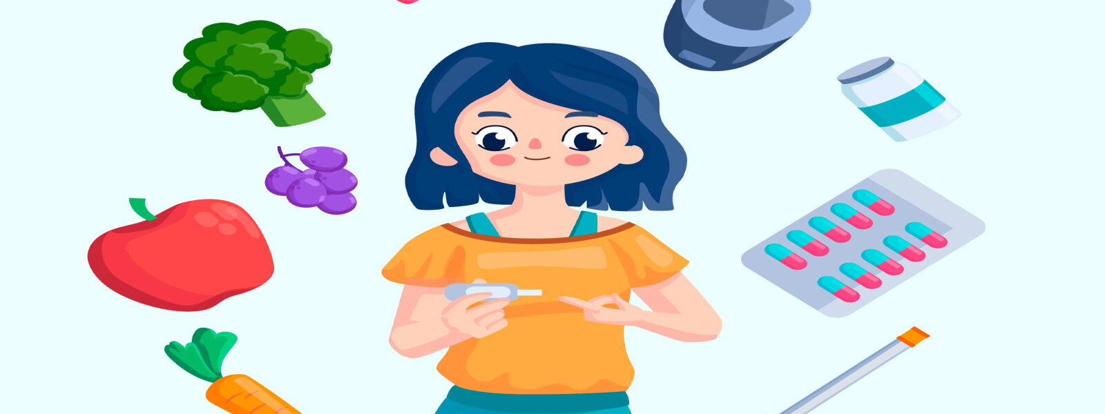 Cô gái đo đường huyết giữa các thực phẩm và thuốc.