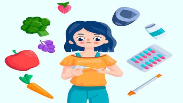 Cô gái đo đường huyết giữa các thực phẩm và thuốc.