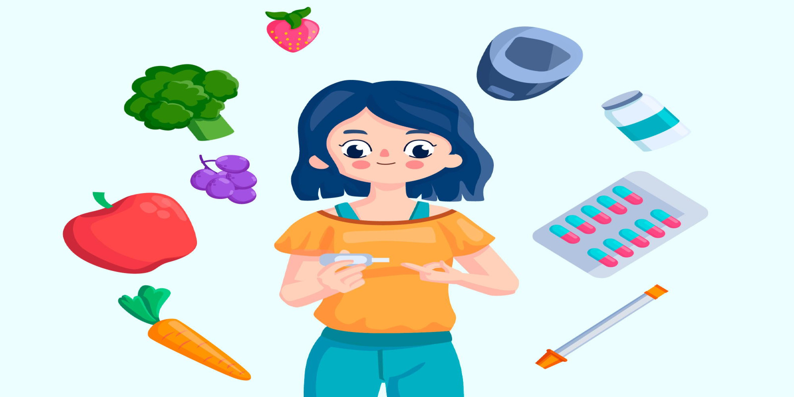 Cô gái đo đường huyết giữa các thực phẩm và thuốc.