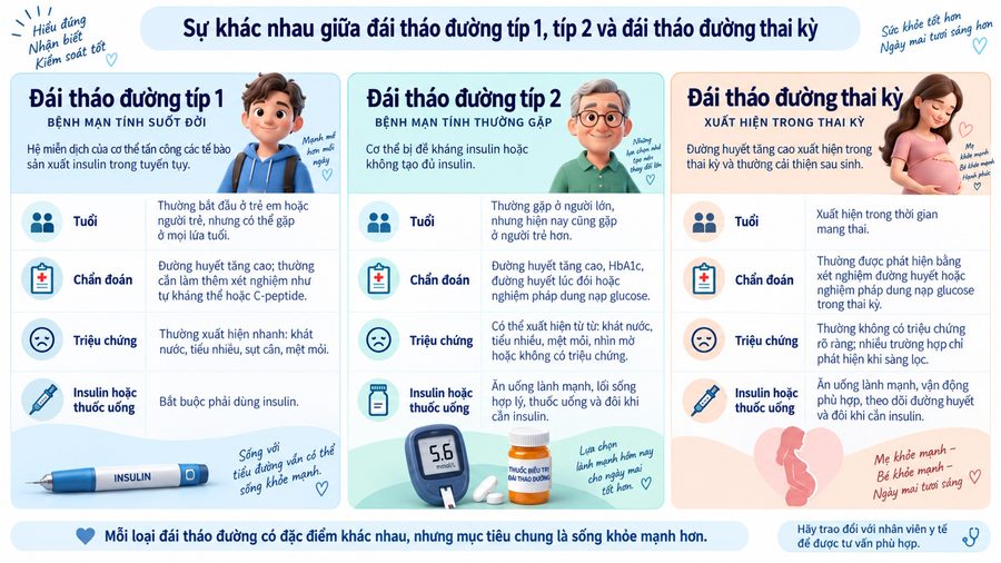 Khác nhau giữa tiểu đường típ 1 với típ 2 và tiểu đường thai kỳ