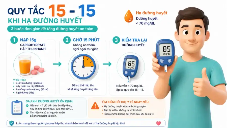 Qui tắc 15 -1 trong xử trí hạ đường huyết trên bệnh nhân tiểu đường