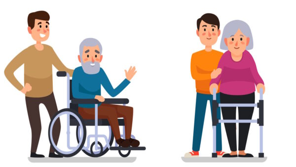 Người cao tuổi sử dụng xe lăn và khung tập đi.