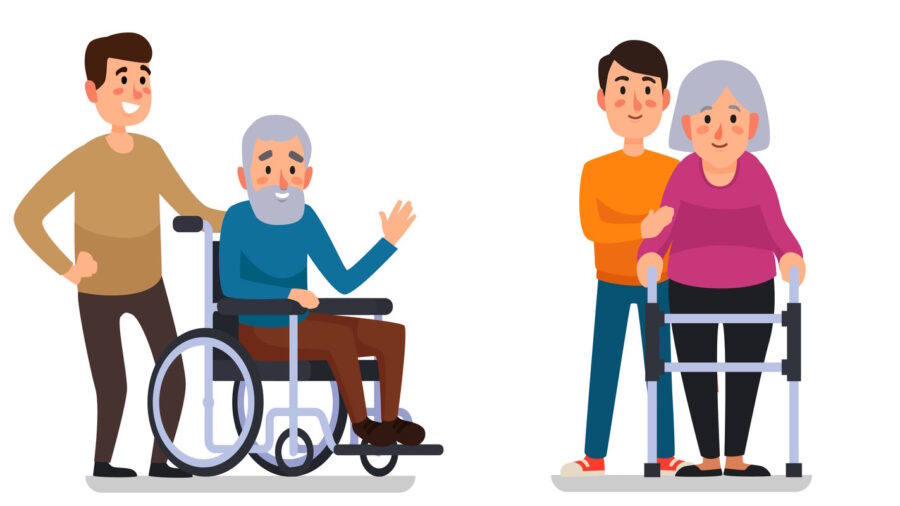 Người cao tuổi sử dụng xe lăn và khung tập đi.
