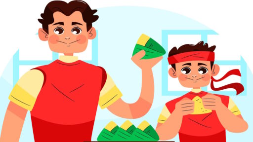 Hai người gói bánh chưng, mặc áo đỏ